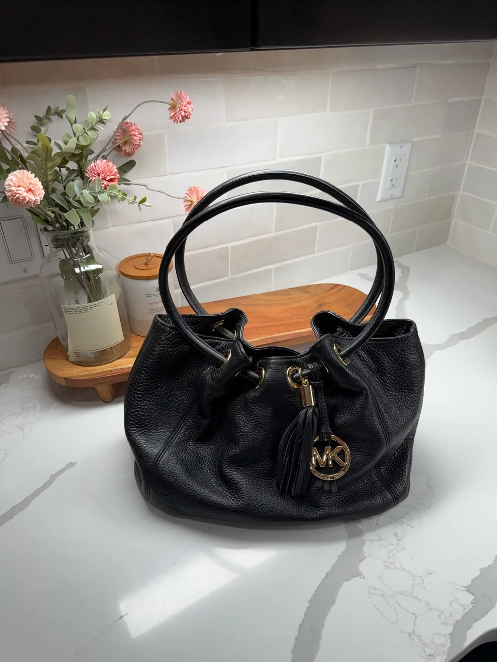 Michael Kors Black Pebbled Leather Ring Astor Tote Hobo Bag with Gold Hardware